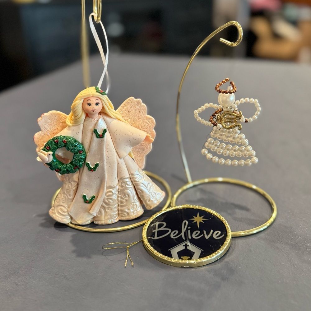 Set of 3 Christmas Ornaments 2 Angels and 1 Nativity Scene